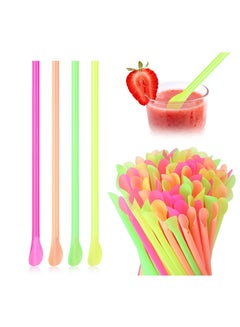 اشتري Disposable Long Plastic Straws, 400 Count Assorted Unwrapped Straws, Bright Milkshake Snow Cone Straws Party Decorations(Bright Colors, Spoon Straw) في السعودية