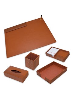 اشتري 5 Piece FIS Executive Desk Set in Gift Box, Italian PU, Brown Color - FSDS221BR في الامارات
