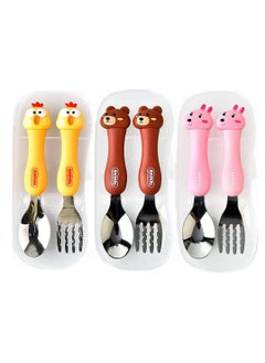 اشتري Toddler Utensils Set  3PCS Kids Cutlery Sets Children's Portable Tableware Spoon & Fork Set with Plastic Case 304 Stainless Steel BPA Free Dishwasher Safe (Chicken, Bear, Bunny) في السعودية