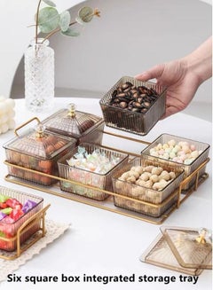 Buy 1-Set Metal Tray Six Square Box Integrated Snacks Dried Fruit Storage Tray with Lid/Dessert Plate/Fruit Tray Organizer Gold/Coffee color 27.5 x 18.5 x 6 Centimeter in UAE