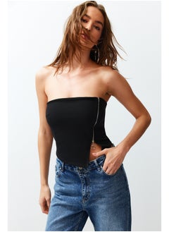 Buy Black Zippered Asymmetrical Strapless Crop Knitted Blouse TWOSS24BZ00071 in Egypt