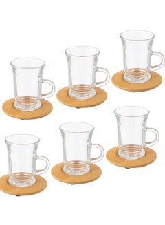 Buy Glass Tea Set With Carved Wood Tea Saucers in Saudi Arabia
