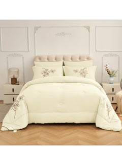 اشتري Comforter Set 4-Pcs Single Size Hotel Style Applique Design Quilted Bedding Set With Down Alternative Filling,Ivory في السعودية