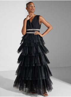 Buy Diamante Belted Tulle Maxi Dress in UAE