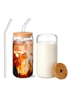 Buy Glass Cans with Bamboo Cover 2 Pack 500ml Can Shaped Glass Glass Cups Transparent Water Cup Juice Drink Cup Drinking Cups with Straw for Water and Mixed Drink for Any Drink and Any Occasion in UAE