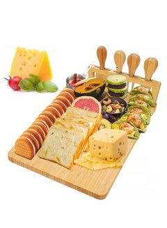 Buy Bamboo Cheese Board Set, Cheese Tray, Charcuterie Board and meat dish service with 4 stainless steel cheese knives, ideal for wedding gifts, birthday party etc. in UAE