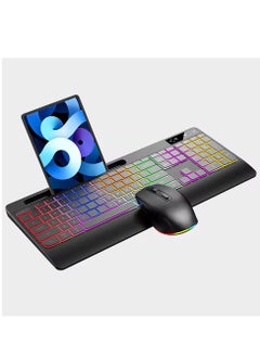 اشتري Backlit Rechargeable Full Size Ergonomic Wireless Keyboard Mouse Combo with Phone Tablet Bracket Wrist Rest For Windows & Mac في الامارات