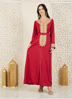 Buy Embroidered Neck Kaftan with Self Tie Belt in Saudi Arabia