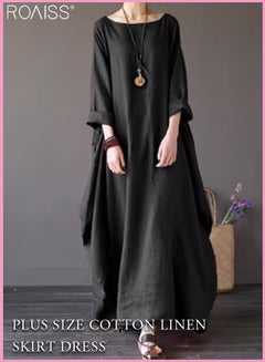 Buy Womens Cotton And Linen Shirt Dress Casual Loose Blouse Dress Solid Color Maxi Dresses Button Open And Close Dress in UAE