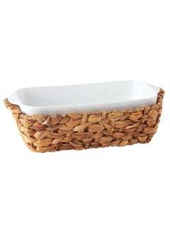 Buy 2-Piece Ceramic Rectangular Serving Dish With Rattan Basket White And Brown 10.2 X 32.9 X 17.3 Cm Hm1000-Pl in Saudi Arabia