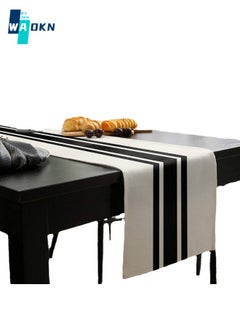 Buy Geometric Striped Linen Table Runner 33*230CM, Modern Farmhouse Style Tablecloth, Black Stripe Home Tabletop Protector, Dresser Bridal Shower Family Table Decoration (Black & White) in UAE