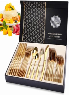 اشتري Cutlery Set, 24 Piece Cutlery Set Stainless Steel Flatware Silverware Set Including Dinner Knife Fork Spoon and Teaspoon Mirror Polished & Dishwasher Safe Cutlery Utensil Set Service for 6 (Gold) في السعودية