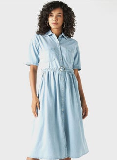 اشتري Belted Pocket Detail Denim Dress في الامارات