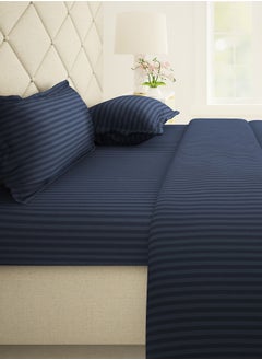 اشتري Story@Home Forever Collection 300 TC Pure cotton Bedsheet, Satin Stripe King Size 270 X 270 cm Flat Sheet with Two Pillow Covers, Navy Blue في الامارات