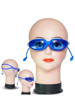 اشتري 96-UV Shield Anti-Fog Swim Goggles with Connected Earplugs & Box for Adults, Blue في مصر