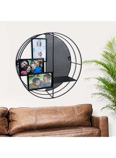 Buy Medalion Metal Wall Shelf With Photo Frame Modern Metal And Glass Hanging Decorations Wall Accent Decoration For Living Room And Bedroom Wall Décor 45x10x45  cm - Black in UAE