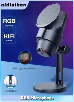 Buy RGB Gaming Voice Microphone, USB Condenser Microphone, ENC Noise Reduction Microphone, Can Be Muted With One Click， Recording Video Conference Singing Cell Phone Live Streaming（Black） in Saudi Arabia