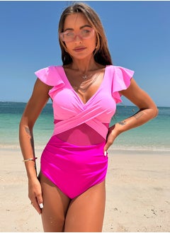 Buy Women's One Piece Swimsuit Ruffled Sleeves V-Neck Bathing Suits Pink/Rose Pink in Saudi Arabia