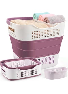 Buy Laundry Basket Large Foldable 40L with Handle, Collapsible Handled Plastic Washing Clothes Laundry Bin Container, Multi purpose Organizer Storage Washing Basket for Home - Pink in UAE