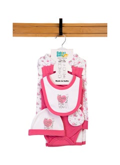 Buy 7 Piece Unisex 100% Cotton Gift Set Include Bib, Blanket, Mitten, Cap, Romper, Top And Bottom Set, Pink in UAE