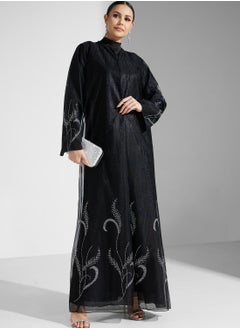 Buy Embellished Black Flared Sleeve Abaya With Sheila in UAE