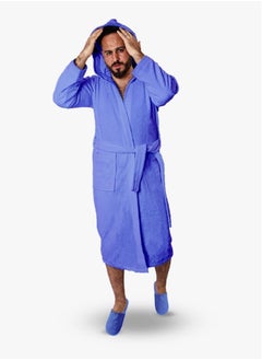 Buy Men's soft cotton bathrobe with a pocket and a waist belt with a distinctive slipper in an elegant design light blue multi-size in Saudi Arabia