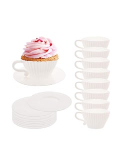 اشتري Silicone Muffin Cups for Baking Cupcake Liners Reusable Chocolate 8 Teacups with 8 Saucers White في السعودية