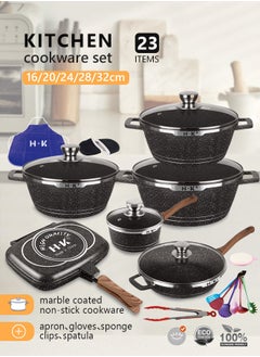 Buy 23-piece kitchen cookware set, casserole set and frying pan, with non-stick cookware set, glass lid, PFOA-free 16cm mMilk Pan + 20-24-28cm Casserole + 28cm Wok + 32cm Double-sided Frying pan + 10 Kichen item(Black） in Saudi Arabia