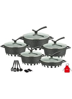 اشتري DESSINI 17-Pieces Granite Cookware Set Includes Casserole With Lid 24cm, Casserole With Lid 28cm, Casserole With Lid 32cm, Casserole With Lid 28cm, Shallow Casserole 7xCooking Tools Black/Clear 32cm في الامارات