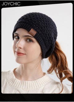 اشتري Women Autumn and Winter Hat Warm Ear Protector Ponytail Hole Knitted Hat for Outdoor Cycling Windproof Black في السعودية