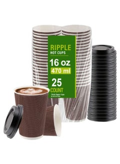 Buy 16Oz or 473ml  (25 Pcs) Brown Disposable Paper Ripple Cups with Black Lids for Hot and Cold Beverages, Triple Walled Ripple Cups for Takeaway, Eco Friendly Cups in UAE