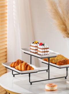 Buy Shallow Porcelain 2-Tier Rectangular Serving Set with Black Stand Rack - 3 Pieces, 25cm in UAE