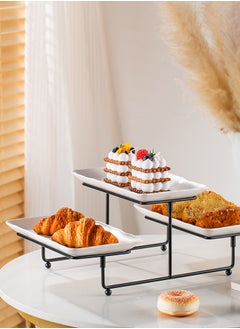 اشتري Shallow Porcelain 2-Tier Rectangular Serving Set with Black Stand Rack - 3 Pieces, 25cm في الامارات