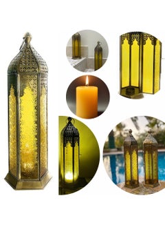 Buy Ramadan Lantern - Large fanoos Arabic Moroccan Lanterns for Indoor & Outdoor Hanging Gold Tealight Candle Holder Home Décor Metal Lanterns for Garden, Floor,Glass lanterns gift Red Blue in UAE