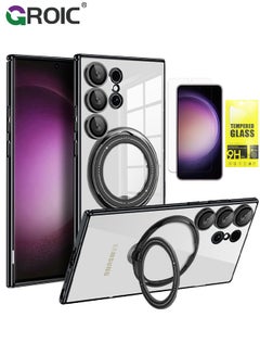 Buy Case for Samsung Galaxy S24 Ultra 6.8 Inch with HD Glass Screen Protector, Magnetic Invisible Stand Compatible with MagSafe, Shockproof Clear Back Cover with Metal Ring Holder in Saudi Arabia