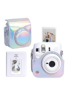 Buy Case for Fujifilm Instax Mini 12 Camera Protective PU Leather Bag Cover with Adjustable Shoulder Strap and Mini Photo Album 64 Pockets (Shiny Silver) in UAE