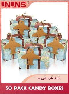 اشتري 50Pcs Candy Box,World Map Mini Suitcase Favor Box,Vintage Kraft Paper With Tags And Burlap Twine For Travel Themed Party,Bridal Shower,Wedding Decorations في الامارات