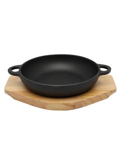 اشتري 19cm Round Cast Iron Skillet With Side Handles And Wooden Base | Oven Safe Cast Iron Roasting Pan في السعودية