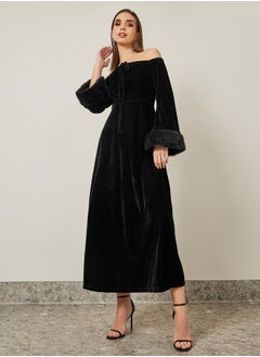 Buy Faux Fur Trim Velvet A-Line Maxi Dress in Saudi Arabia