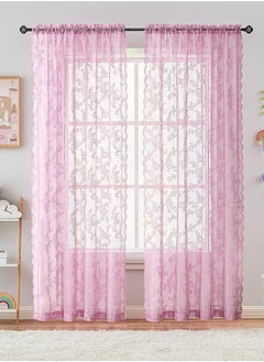 Buy 2-Piece Rod Pocket Rose Florals Lace Sheer Window Curtains for Bedroom/Living Room/Kitchen Pink in UAE