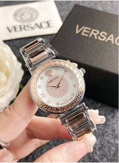 Buy Versace Women's Cubic Zirconia Classic Fashion Versatile Round Quartz Watch with Rose Gold and Silver Spliced Stainless Steel Strap 32mm Gift in UAE