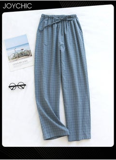 اشتري Japanese Style Washed Pure Cotton Men's Pyjama Bottom Spring and Autumn Thin Plaid Pattern Home Pants Large Size Light Blue في السعودية