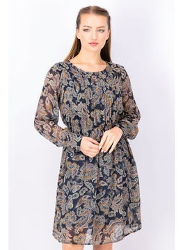 Buy Women Long Sleeve Allover Print Midi Dress, Navy Combo in Saudi Arabia