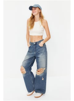 Buy Blue Faded Effect Vintage Ripped High Waist Wide Leg Jeans TWOSS24JE00067 in Egypt