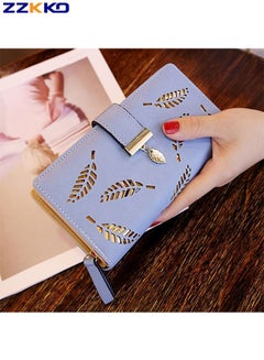 Buy New Fashion PU Leather Long Women's Wallet Hollow Leaf Design Blue Handbag Multi Card Slot Large Capacity Card Holder in Saudi Arabia