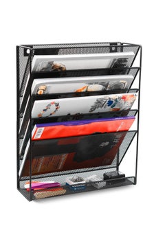 Buy File Organizer Mesh 5 Tier Vertical Hanging Wall File Holder with Bottom Flat Tray,Black in UAE