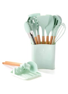 اشتري Silicone Cookware Set, Silicone Kitchen Utensil Set 13 Pieces, Wooden Handle Nonstick Cookware Utensil Tool, Non-Toxic Heat Resistant Kitchen Tool Set with Storage Bucket and Lid Holder(Green) في السعودية