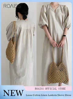 Buy Women's Cotton And Linen Lantern Sleeved Casual Dress 1/2 Sleeve V-Neck Fashionable Loose Fitting Dress in UAE