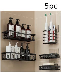 Buy 5-Piece Bathroom Rack Shower Shampoo Organizer Wall Mounted Storage Rack And Hooks Black in UAE