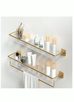 Buy Acrylic Floating Shelves Wall Mounted Hanging Shelves with Golden Towel Rack Decorative Storage Shelves for Bathroom Kitchen Living Room & Bedroom- Set of 2 in UAE